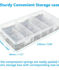 Stainless Steel Compression Springs Assortment Kit With 240 Pieces In 15 Different Sizes, in clear storage box with labels.