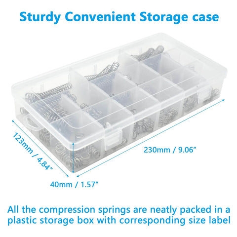 Stainless Steel Compression Springs Assortment Kit With 240 Pieces In 15 Different Sizes, in clear storage box with labels.