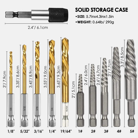 Stripped Screw And Bolt Extractor Set With Left Hand Drill Bits, sizes and dimensions of 11-Piece DIY Tool Set components