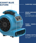 Heavy Duty Air Mover Floor Drying Fan That Cuts Cleanup Time In Half With 2000 CFM Of Snappy Power showing features like timer and speed controls.