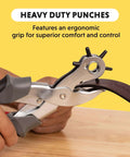 Person using Beefy Revolving Punch Pliers Set With Six Hole Sizes For Leather Rubber And Plastic Heavy Duty Belt Hole Puncher