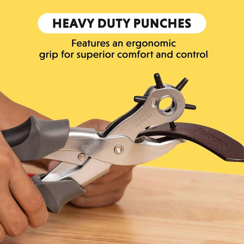 Person using Beefy Revolving Punch Pliers Set With Six Hole Sizes For Leather Rubber And Plastic Heavy Duty Belt Hole Puncher