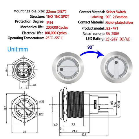 Diagram of Beefy 22mm Rotary Selector Switch Two Position On Off 12V 24V With Wire 1NO 1NC SPDT Stainless Steel 304 Body