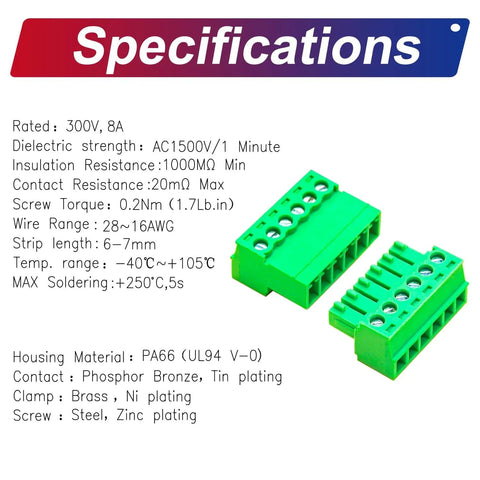 Specifications for 3.81mm Phoenix Type PCB Screw Terminal Block Connector No Soldering Kit With Male And Female Pins Set Green
