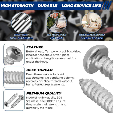 50 Pack M5 X 40Mm Security Torx Screws Pin In Button Head Tapping Bolts Marine Grade 304 Stainless Steel showing button head and deep threads.