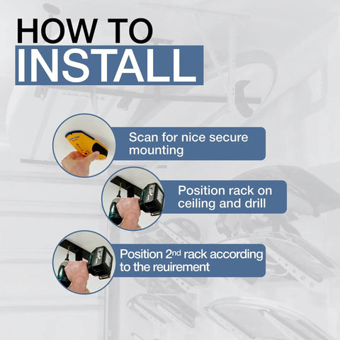 Installation instructions for Dope Overhead Paddleboard Hanger And Surfboard Rack For Garage Adjustable Ceiling Mount Storage.