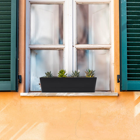 3 Pack 16x3.8 Inch Window Box Planters With Drainage Holes And Trays, Black Rectangular Plastic Pots on windowsill with succulents