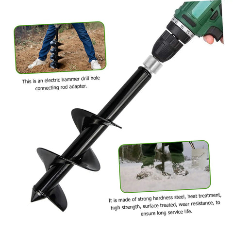 Electric Drill Bit Converter Adapter Universal Earth Auger Drill Chuck For Power Tools Heavy Duty Easy To Use Abrasion Resistant Connector Fits Most Drills 1pc connected to a green electric drill, demonstrating soil drilling.