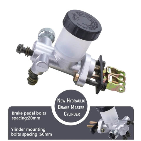 All Terrain Hydraulic Brake Master Cylinder For 90cc 110cc 125cc 150cc 200cc 250cc Go Karts Buggies And ATVs That Fits Roketa Kazuma Kinroad Kandi Sunl BMS And More, showing side view with mounting bolts and cap.
