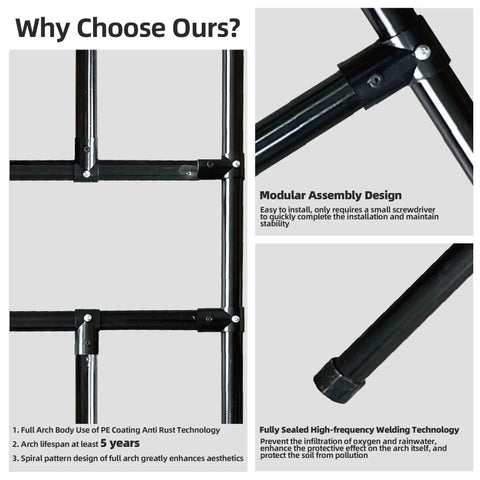 Close-up of modular assembly and full arch body of Flat Top Garden Arch Trellis Pergola For Climbing Plants Heavy Duty Sturdy Metal Arbor