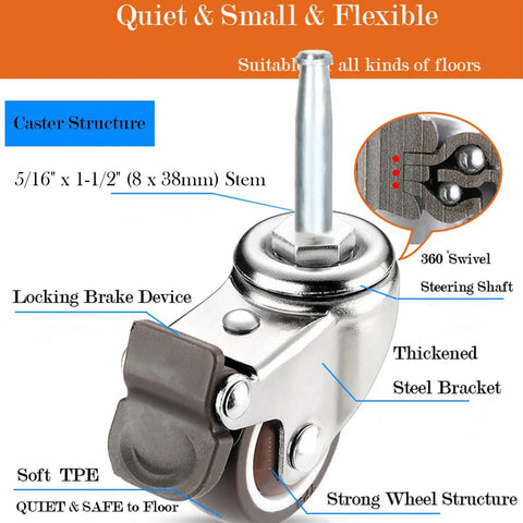 Stem Caster Wheels With 5/16 Inch By 1-1/2 Inch Stem Sockets TPR Swivel Casters showing locking brake and swivel shaft