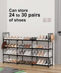 Heavy Duty Black Metal Shoe Rack With Four Tiers And Three Rows, Holds Up To 30 Pairs Of Sneakers, displaying various shoes neatly organized.
