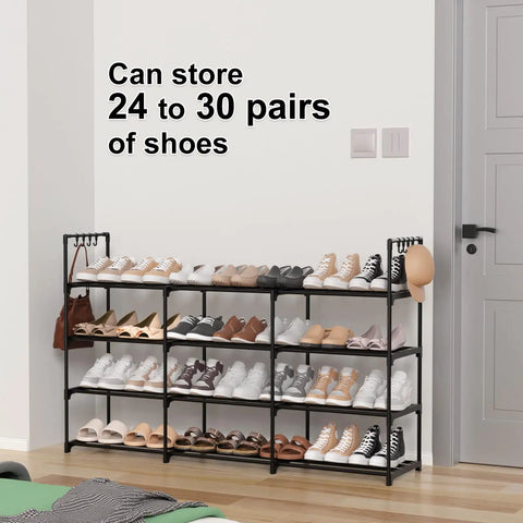 Heavy Duty Black Metal Shoe Rack With Four Tiers And Three Rows, Holds Up To 30 Pairs Of Sneakers, displaying various shoes neatly organized.