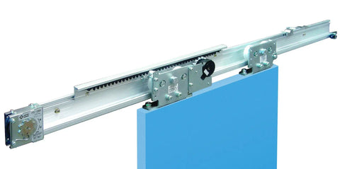 Built Tough Barn Door Closer Set With Self Closing Action Holds Up To 330 Pounds Includes 86 Inch Track mounted on wall.