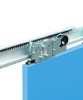 Built Tough Barn Door Closer Set With Self Closing Action Holds Up To 330 Pounds Includes 86 Inch Track close-up of track and hardware system.