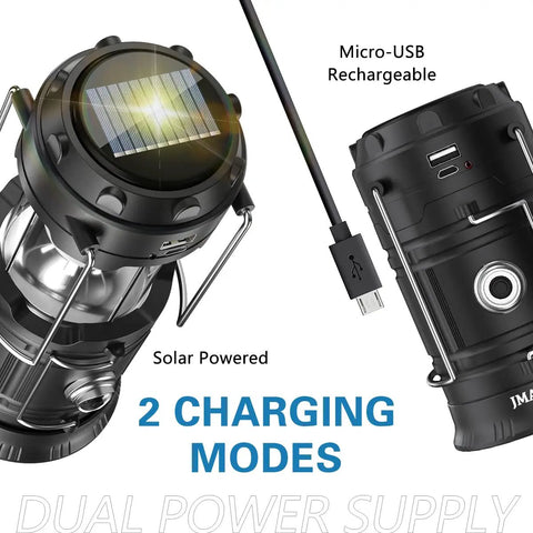Close-up of solar and USB charging modes on Ultra Bright LED Collapsible Lantern for Camping and Emergencies