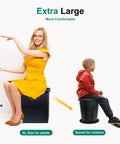 Upgrade XL Portable Toilet for adults and kids, woman sitting on extra-large foldable camping toilet with lid, ergonomic height