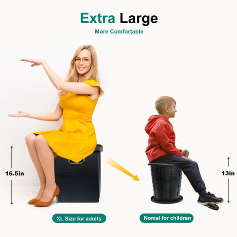 Upgrade XL Portable Toilet for adults and kids, woman sitting on extra-large foldable camping toilet with lid, ergonomic height