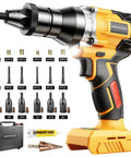 2-In-1 Cordless Brushless Rivet Nut Tool Kit With Auto And Manual Modes Includes 6 Mandrels shown with accessories