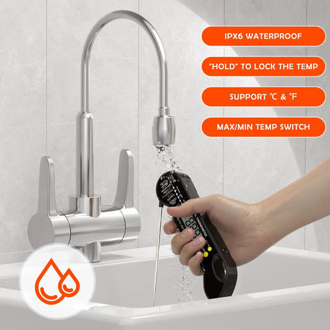 Person rinsing Fast Digital Meat Thermometer With Magnetic Backlight Waterproof Design under a kitchen faucet