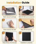 Installation guide for No Sweat Peel And Stick Acoustic Foam Panels 48 Pack with step-by-step visuals for soundproofing.