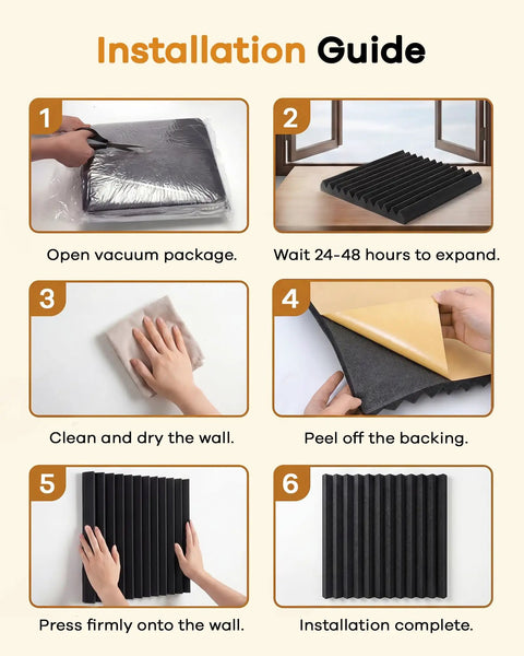 Installation guide for No Sweat Peel And Stick Acoustic Foam Panels 48 Pack with step-by-step visuals for soundproofing.