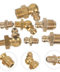 Grease Fittings Assortment Kit With 90-Degree 45-Degree And Straight Nozzles For Auto And Industrial Lube Of Bearings And Machinery Without Disassembly Easy Fit For Mechanical Components in golden color