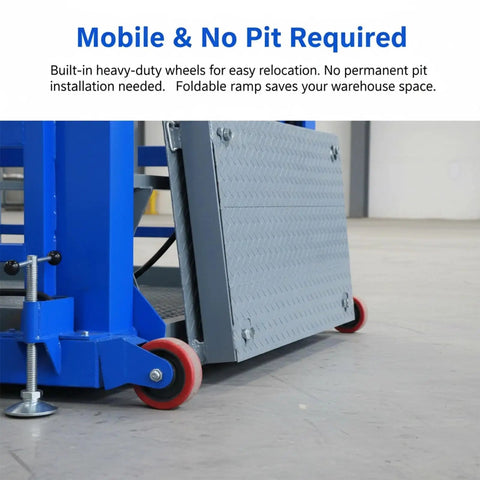 Heavy Duty Mobile Electric Hydraulic Loading Platform With 2 Ton 4400 Lb Capacity Portable Dock Lift dual voltage power with foldable ramp.