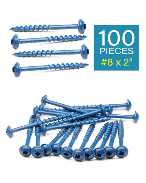 Built Tough 2 Inch Wood Screws With Washer Head Square Drive Coarse Thread Blue Coated Rust Resistant Finish 100 Pack