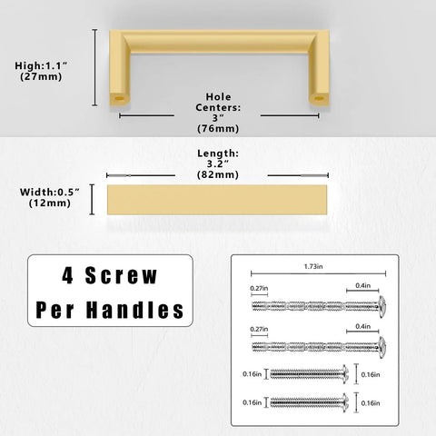 Diagram of 10 Pack Brushed Gold Cabinet Pulls 3 Inch 76mm Solid Zinc Alloy Drawer Handles dimensions and screws