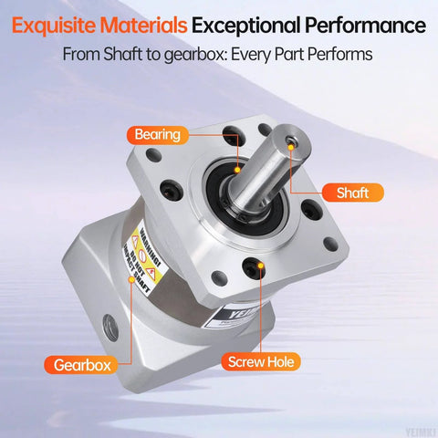 Five To One Planetary Gearbox For Nema 23 Stepper Motor DIY Friendly, showing labeled parts including shaft and gearbox.