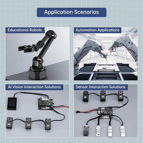 Educational robots and automation with Six Pack 30Kg High Torque Serial Bus Servo Motors 12V With 360 Degree Continuous Rotation.