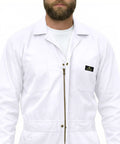 Heavy Duty Mens Long Sleeve Zip Up Coverall Built From Premium Poly Cotton Twill To Crush The Daily Grind Stain Resistant Wrinkle Proof Cool Comfort White Medium worn by a man.