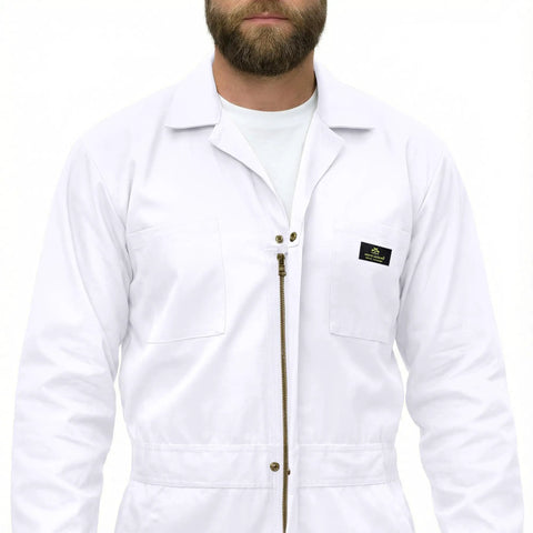 Heavy Duty Mens Long Sleeve Zip Up Coverall Built From Premium Poly Cotton Twill To Crush The Daily Grind Stain Resistant Wrinkle Proof Cool Comfort White Medium worn by a man.