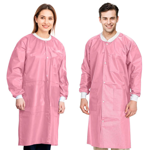 Two people wearing Pink Disposable Lab Coat 2XL Unisex SMS 45GSM breathable with snap front and knit collar cuffs, three pockets visible.