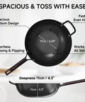 13.5 Inch Carbon Steel Wok Pan With Flat Bottom Preseasoned Nonstick Go To Stir Fry Pan Set, top and side view, labeled dimensions