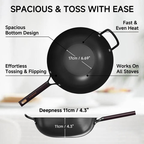13.5 Inch Carbon Steel Wok Pan With Flat Bottom Preseasoned Nonstick Go To Stir Fry Pan Set, top and side view, labeled dimensions