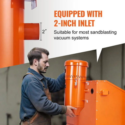 Person fitting Beast 1.6 HP Dust Collector With Media Reclaimer, 1.8 Gallon Capacity to sandblaster cabinet, highlighting 2-inch inlet.
