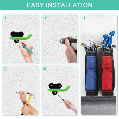 Installation steps for Wall Mounted Golf Bag Rack For Two Bags Space Saving Garage Organizer With Heavy Duty Welded Joints And Locking Bracket