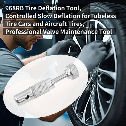 Valve Stem Removal And Installation Tool For Aircraft Tires And Tubeless Setups Quick Safe Deflation Precise Fit For Standard Valve Stems Pro Grade OEM Quality Performance For Shock Struts And Heavy Duty Applications in silver metal with grip detail, shown near a technician working on a tire.