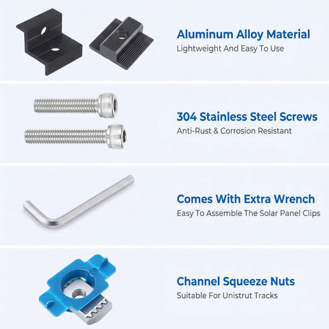 Top Shelf Black Solar Panel Clamps And End Mount Hardware Kit Compatible With Standard Unistrut Rails Featuring Pre Assembled Channel Nuts And A Hex Wrench For A No Fuss Diy Install, includes aluminum alloy clamps and stainless steel screws.