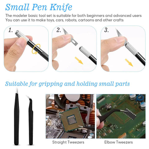 Steps illustrating blade change on cutting knife from Pro Grade 20Pcs Gunpla Model Tools Kit For Easy Assembly And Repair with tweezers shown.
