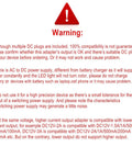 Warning label detailing compatibility and usage instructions for 5V 2A Wall Power Adapter With 11 Interchangeable DC Tips