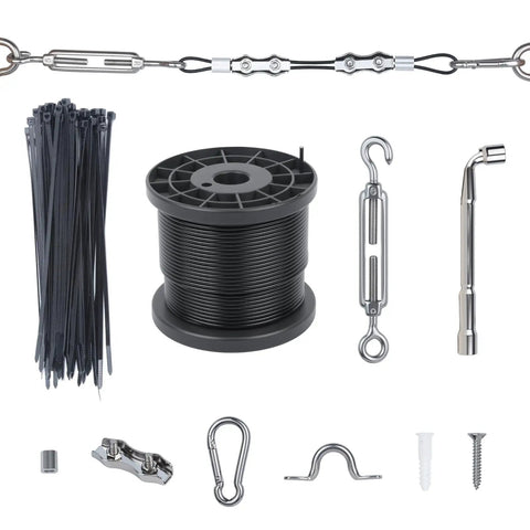 170Ft String Light Hanging Kit With Heavy Duty 304 Stainless Steel Cable And Vinyl Coated Wire Rope, Turnbuckles, Hooks, Clamps, Pad Eyes
