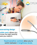 Soft Touch LED Desk Lamp With 3 Brightness Levels And 450 Lumens in use on a sewing table, highlighting adjustable neck and light settings.