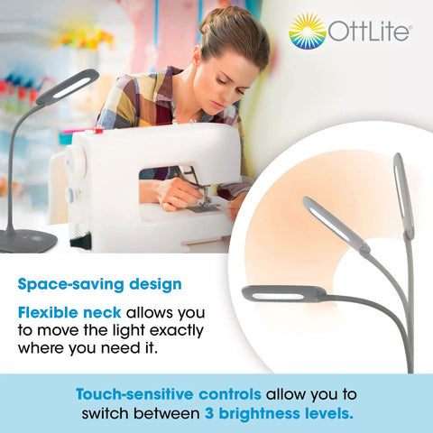 Soft Touch LED Desk Lamp With 3 Brightness Levels And 450 Lumens in use on a sewing table, highlighting adjustable neck and light settings.