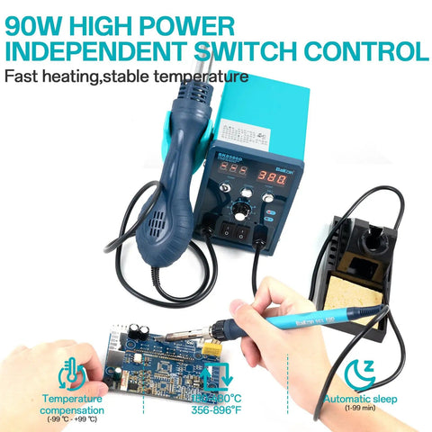 Two In One Soldering And Hot Air Rework Station Kit for electronics with adjustable temperature and LED display in use