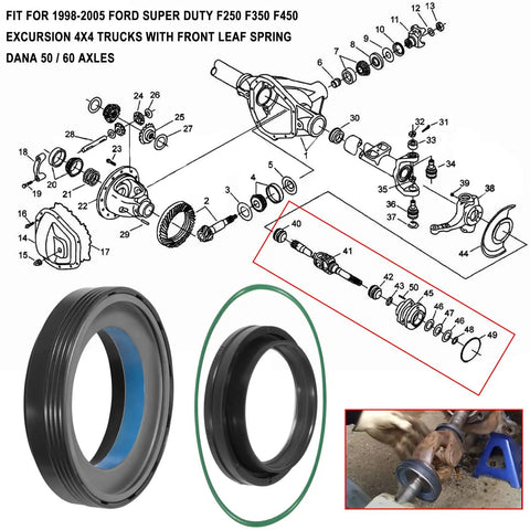Straight Shot Heavy Duty Front Axle Vacuum Knuckle And Tube Seal Kit For 1998 To 2004 Ford F250 F350 F450 F550 Excursion Dana Fifty Sixty, showing seals and axle assembly.