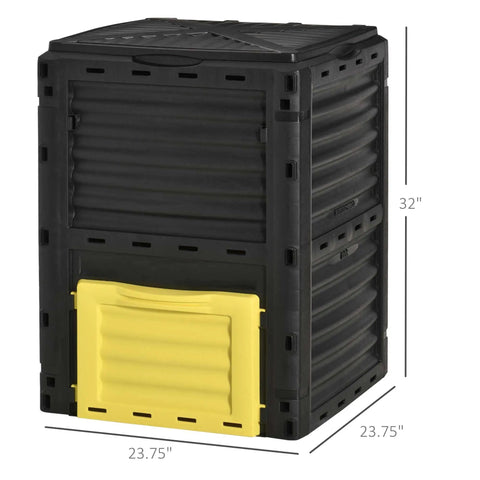 80 Gallon Garden Compost Tumbler Bin With Dual Side Loading Yellow Unit 23.75 By 23.75 By 32 Inch Size 48 Vent Airflow PP Plastic Construction No Hassle Snap Assembly For Easy Setup