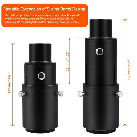 Extendable Telescope Camera Adapter with 1.25 Inch T Adapter for Prime Focus and Eyepiece Projection, Metal Build, sliding barrel